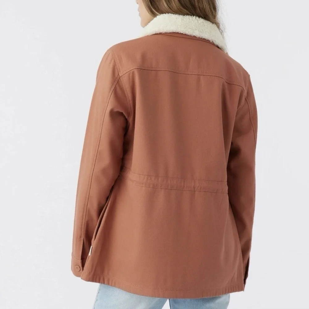 hang Ten Sherpa Collar‎ Lined Utility Jacket Fisherman Small Neutral Canvas Cozy